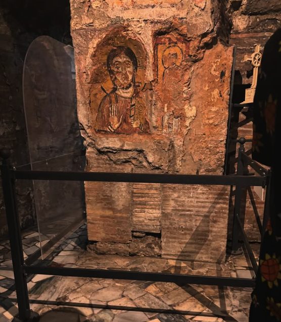 A painted figure of Christ preserved on a pillar in the Rome Catacombs