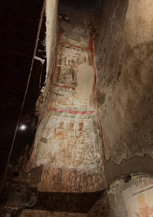 Early Christian wall painting in a catacomb chamber